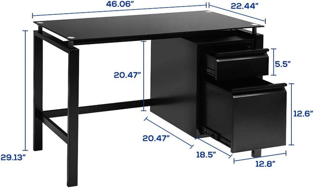 Computer Desk with Tempered Glass Top and Drawers, 46” Home Office Desk with Storage Drawers, Modern Simple Writing Desk With Black Color Metal Frame