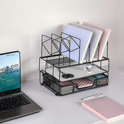 Mesh Desk Organizers, Desktop Organizer with Dual Tray and 5 Upright Sections, File Organizer for Desk with Sliding Drawer, Black