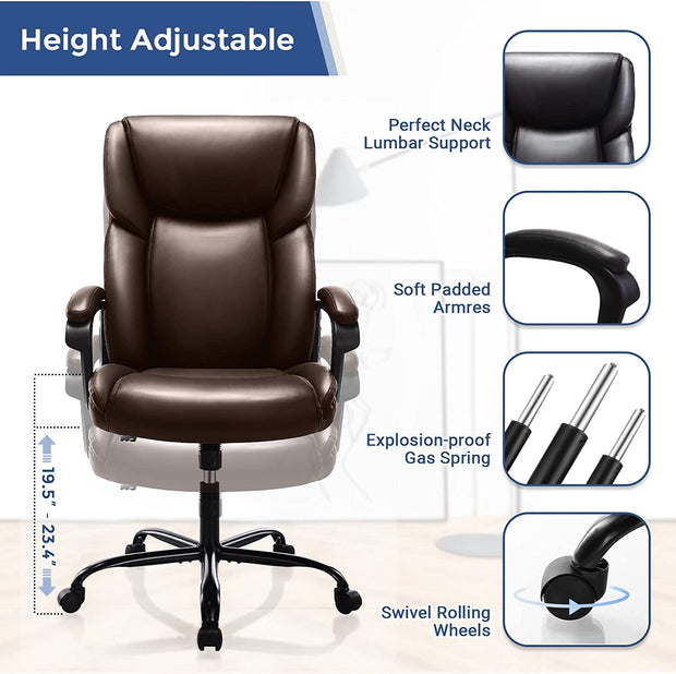 Home Office Executive Desk High Back Computer Chair with Adjustable Height and Swivel Task Lumbar Head Support Chair, Leather Black Cover