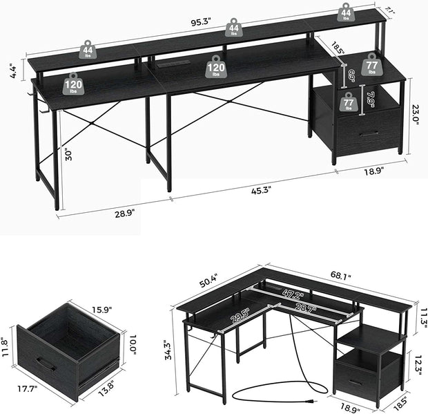 Computer Desk with Power Outlet & LED Strip and File Drawer, L Shaped Computer Corner Desk with Printer Cabinet and Monitor Shelf, Modern Home Office & Writing Desk