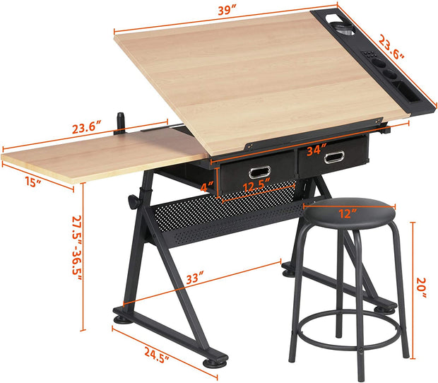 Adjustable Drafting &  Drawing Table Artist Desk Tilting Tabletop Art Craft Work Station with Storage Drawers and Stool