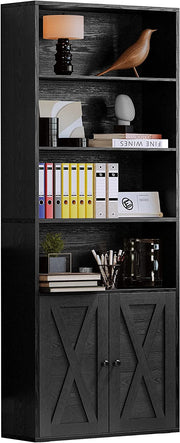 Industrial Bookshelves with Doors Floor Standing 6 Shelf Display Storage Shelves 70 in Tall Bookcase