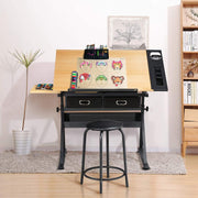 Adjustable Drafting &  Drawing Table Artist Desk Tilting Tabletop Art Craft Work Station with Storage Drawers and Stool