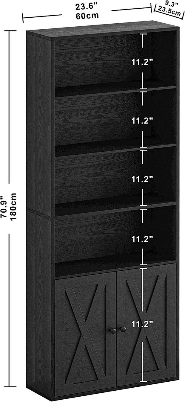 Industrial Bookshelves with Doors Floor Standing 6 Shelf Display Storage Shelves 70 in Tall Bookcase