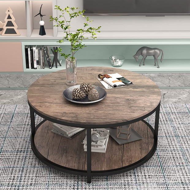 36 inches Round Coffee Table, Rustic Wooden Surface Top & Sturdy Metal Legs