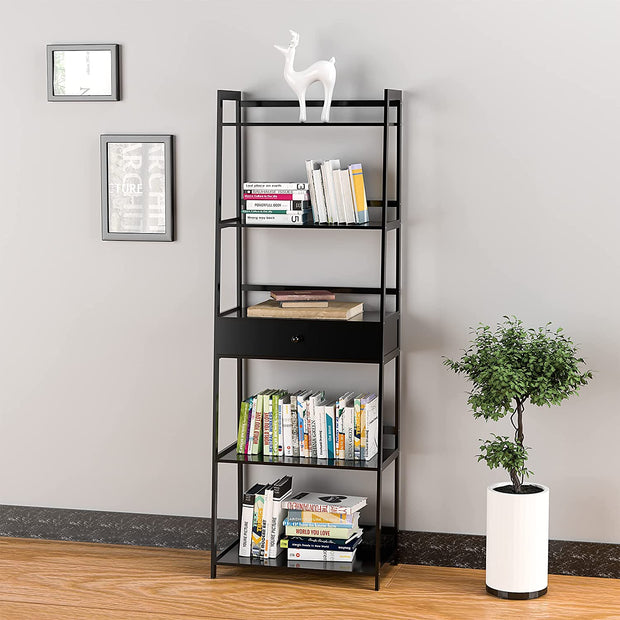 5 Tier Bamboo Ladder Shelf Bookcase, Modern Open Book Case for Living Room, Bedroom and Office