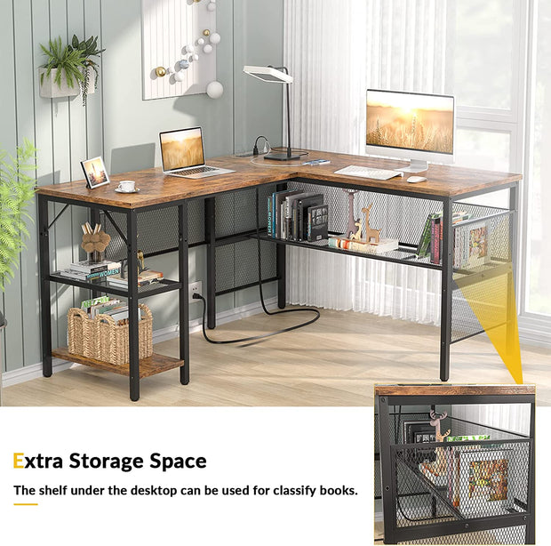 L Shaped Desk with USB Charging Port and Power Outlet, Reversible L-Shaped Corner with Storage Shelves,