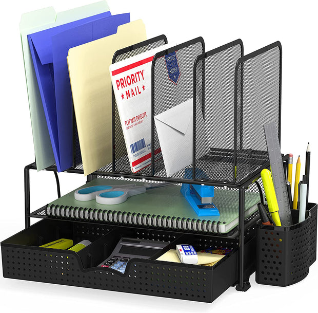 Mesh Desk Organizer with Sliding Drawer, Double Tray and 5 Upright Sections, Black