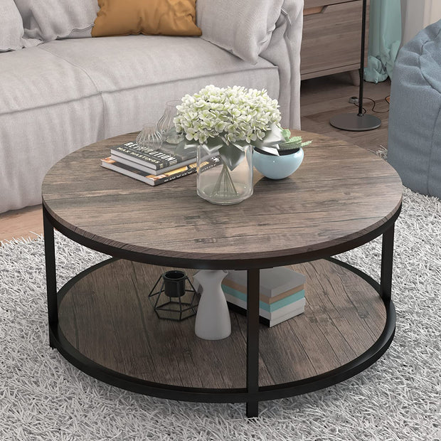 36 inches Round Coffee Table, Rustic Wooden Surface Top & Sturdy Metal Legs